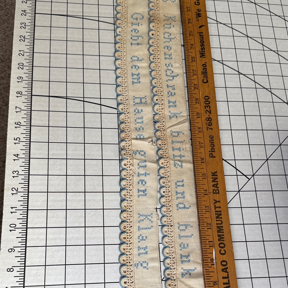 Antique German Kitchen Band – Motto Ribbon with Blue Embroidery & Lace Trim